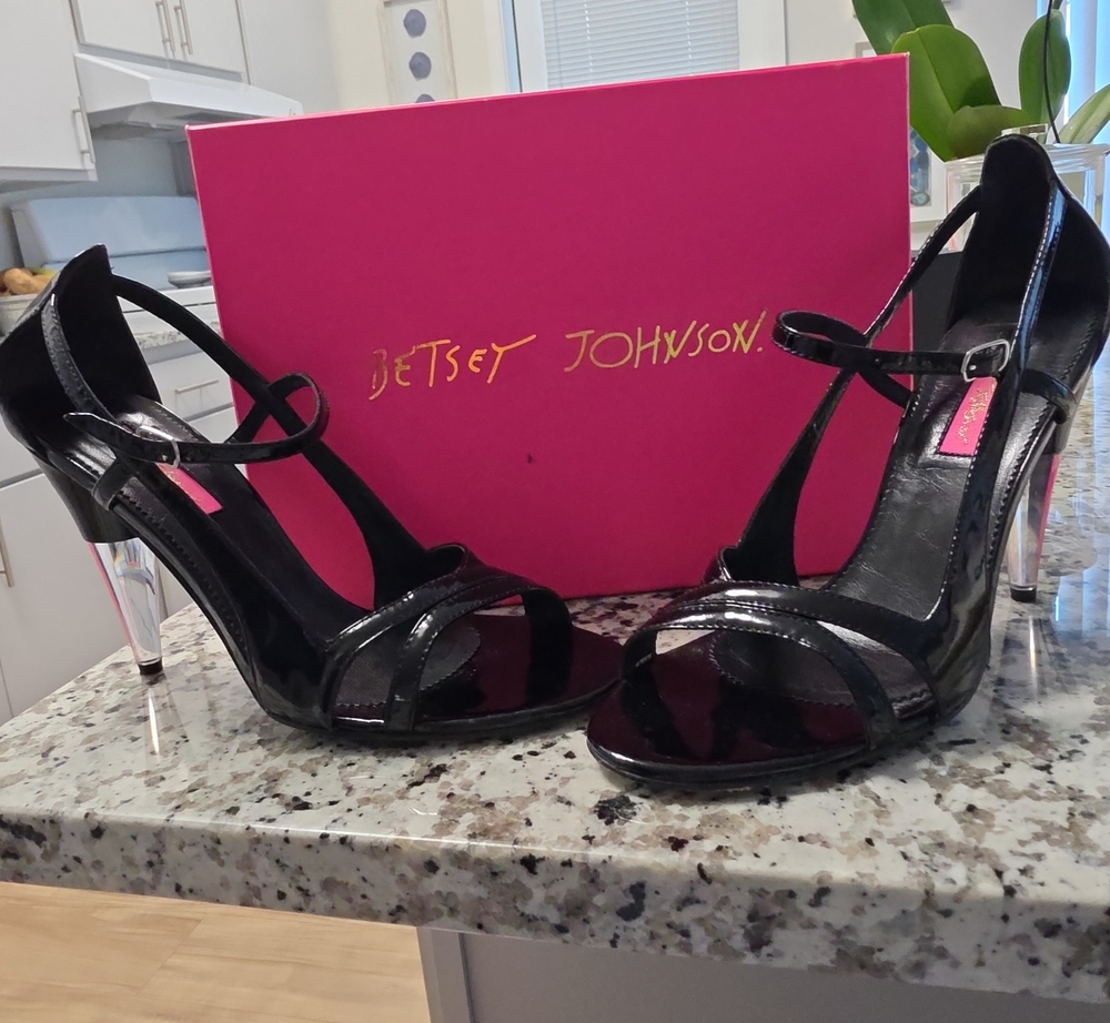 Betsey Johnson Black Patent Strappy Clear Heel Sandals